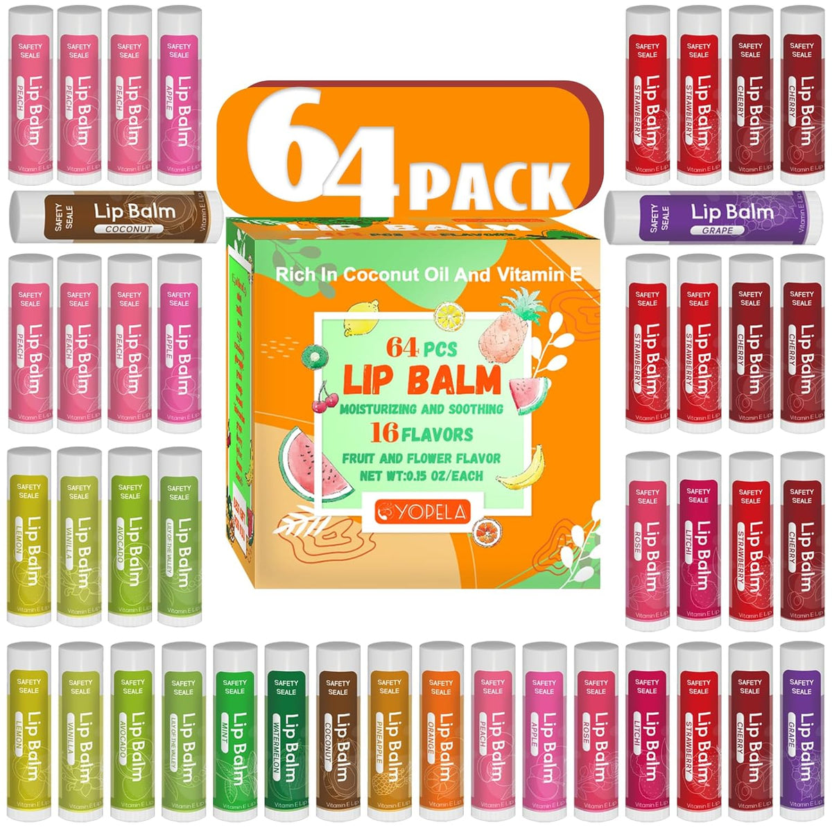 64 Pack Natural Lip Balm Bulk with Vitamin E and Coconut Oil - Moisturizing Dry Cracked Lips, Mini