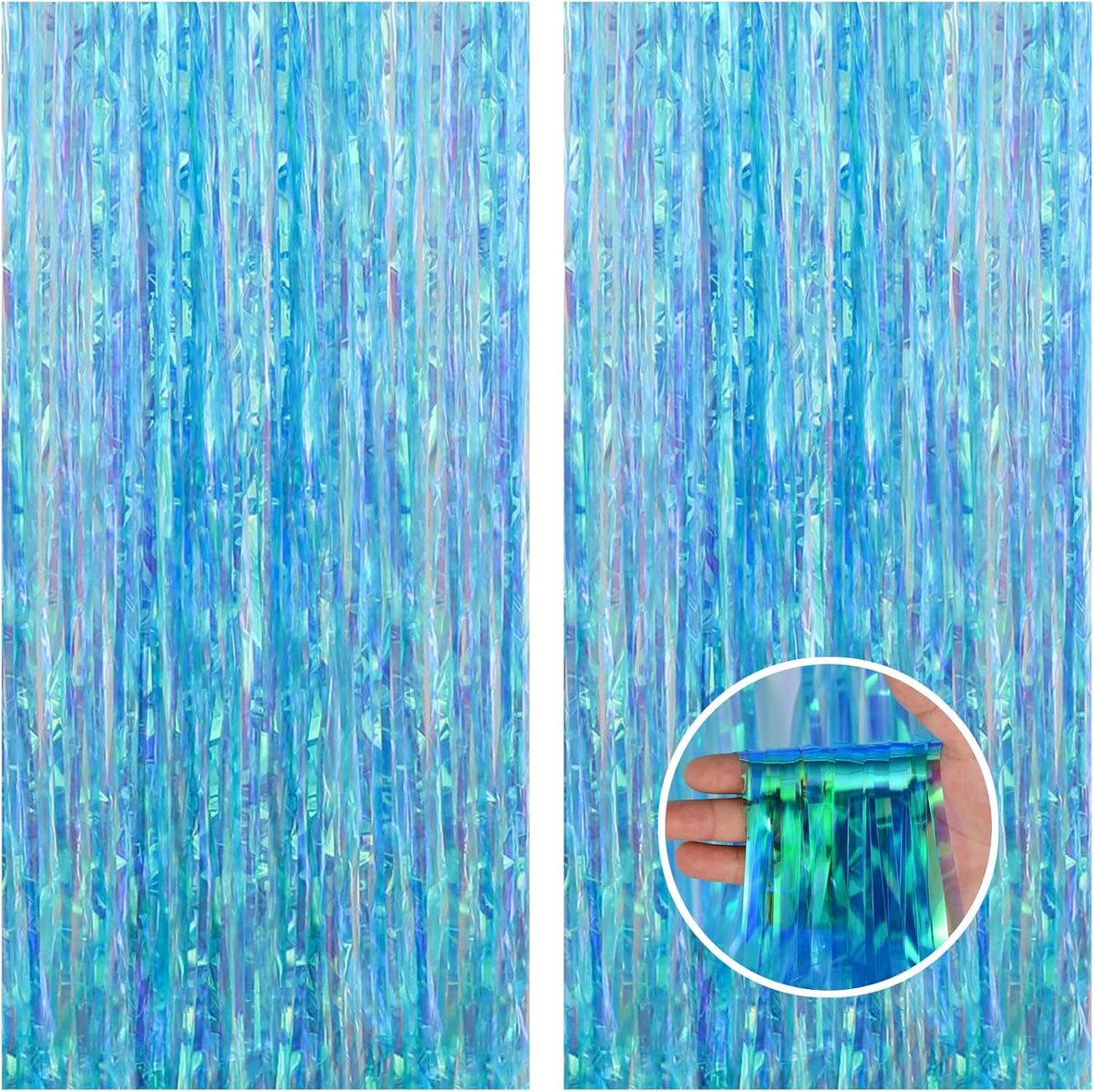 CANREVEL 2 Pack 3.2x6.5 Feet Iridescent Foil Fringe Backdrop Curtains, Clear Blue Tinsel Photo