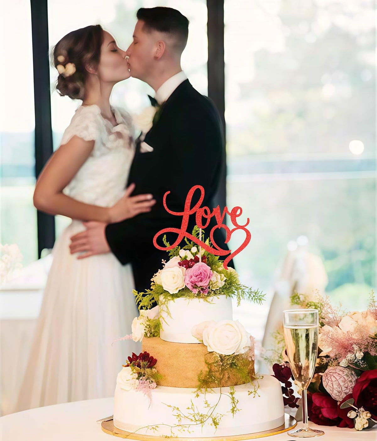 Love Cake Topper - Red Glitter Paper Wedding Cake Decoration Supplies, Perfect for Bridal