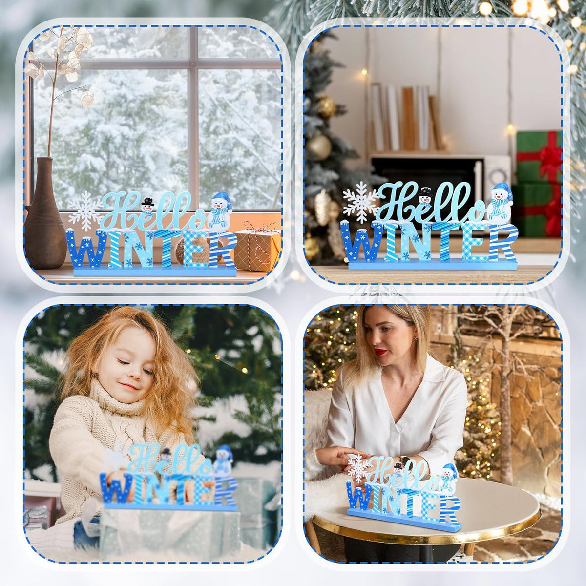 Winter Metal Sign Hello Winter Table Decor Christmas Tiered Tray Decor with Wooden Base Metal Blue