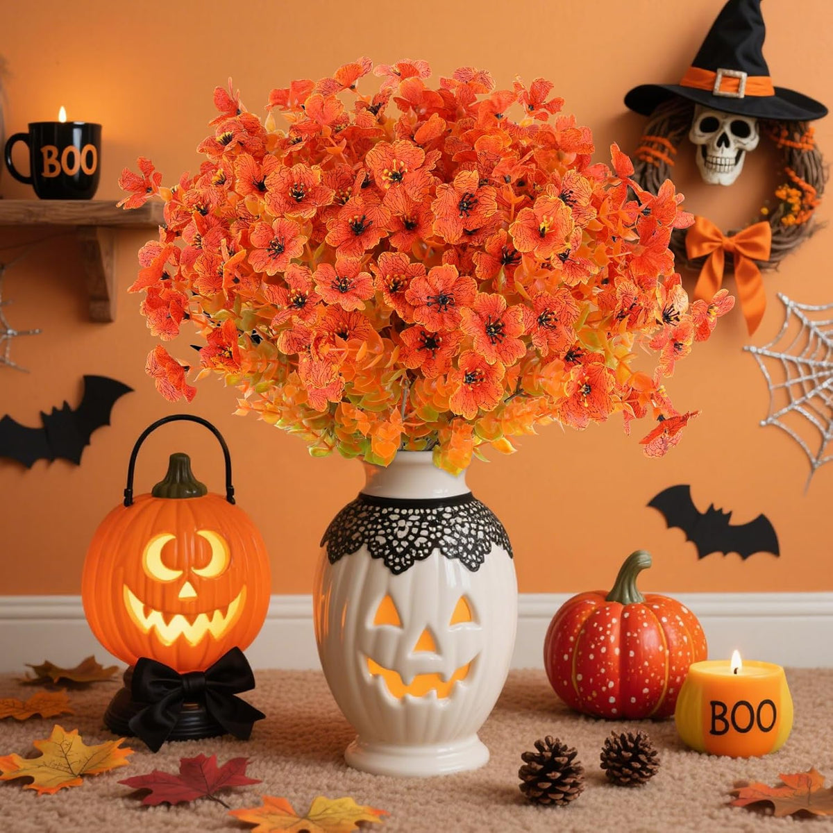 AmyHomie 16 Bundles Orange Artificial Fall Flowers for Outdoors Fall Decor UV Resistant Fake Mums
