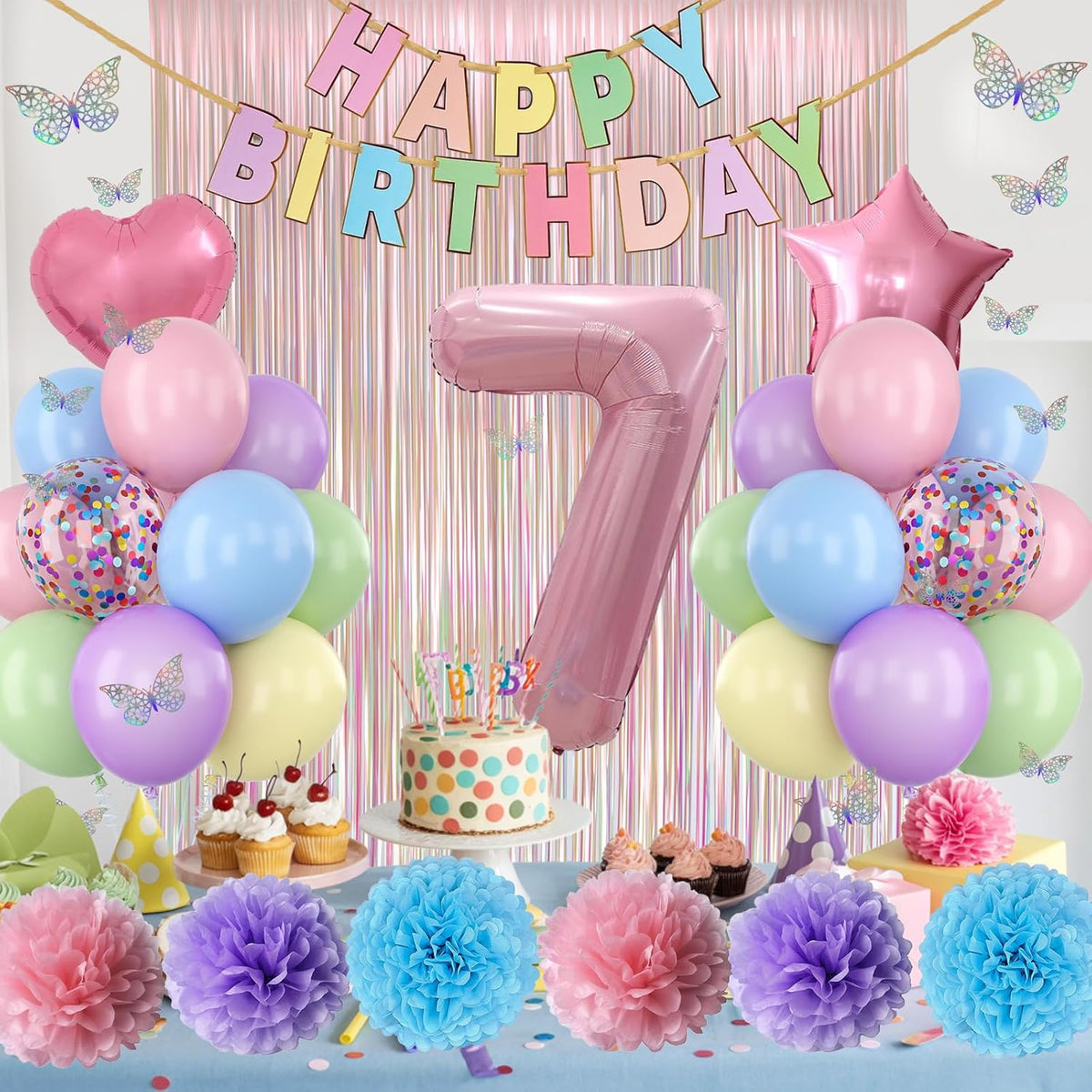 Pastel 7th Birthday Party Decorations for Girls Number 7 Balloon Happy Birthday Banner Butterfly