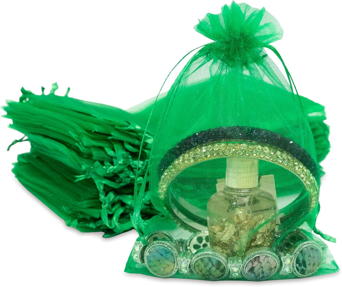 TheDisplayGuys 48-Pack 4x6 Light Green Sheer Organza Gift Bags with Drawstring, Jewelry Candy Treat