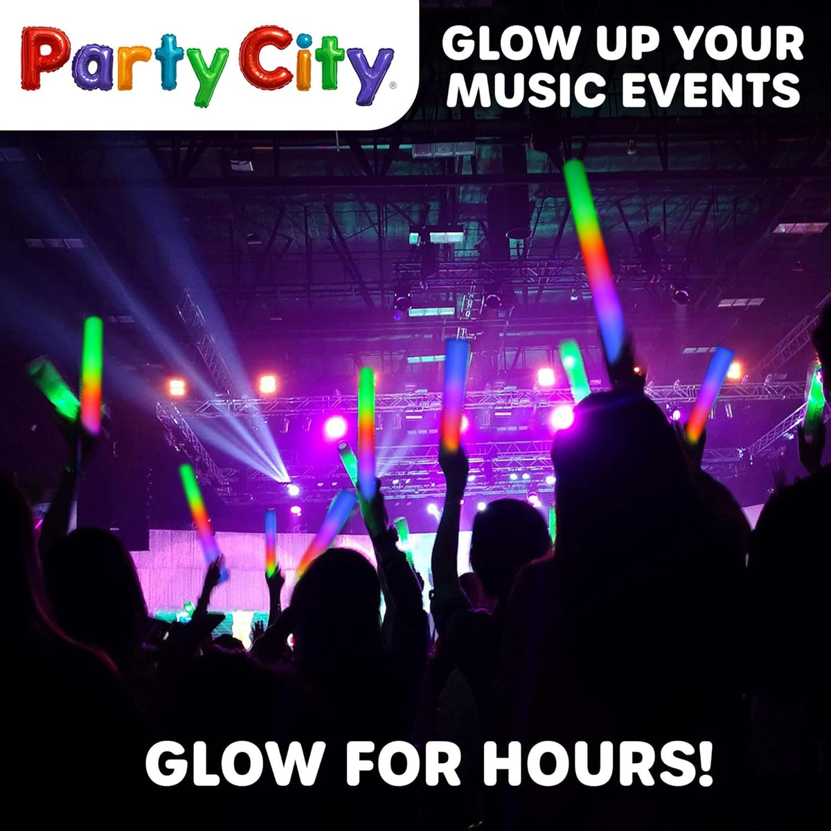 Party City 96pk LED Foam Glow Sticks 14”- Glow in the Dark Party Supplies Favors, Colorful Flashing