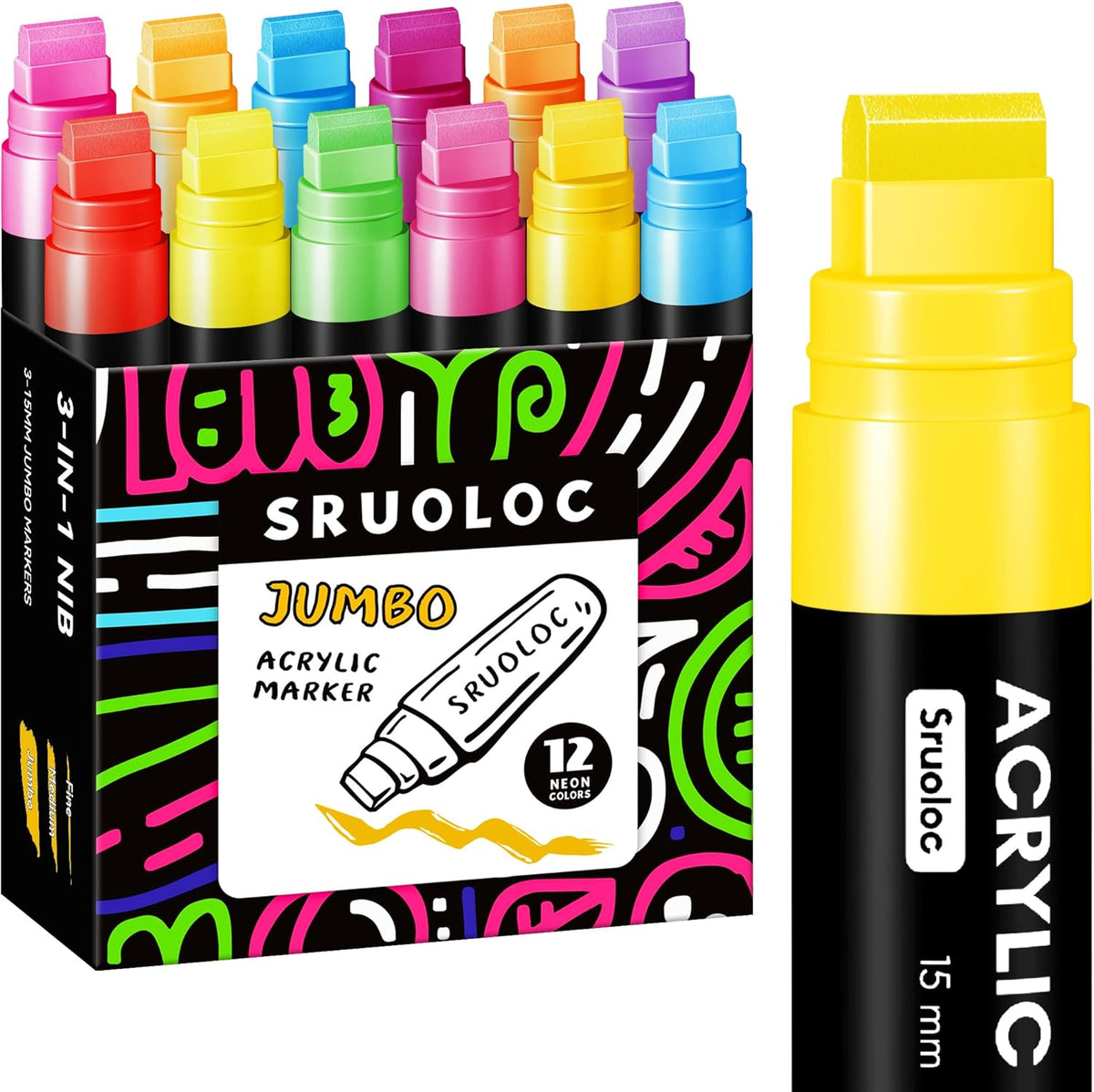 12 Neon Colors Jumbo Markers, 15mm Jumbo Felt Tip, Acrylic Paint Markers for Rock Painting, Poster