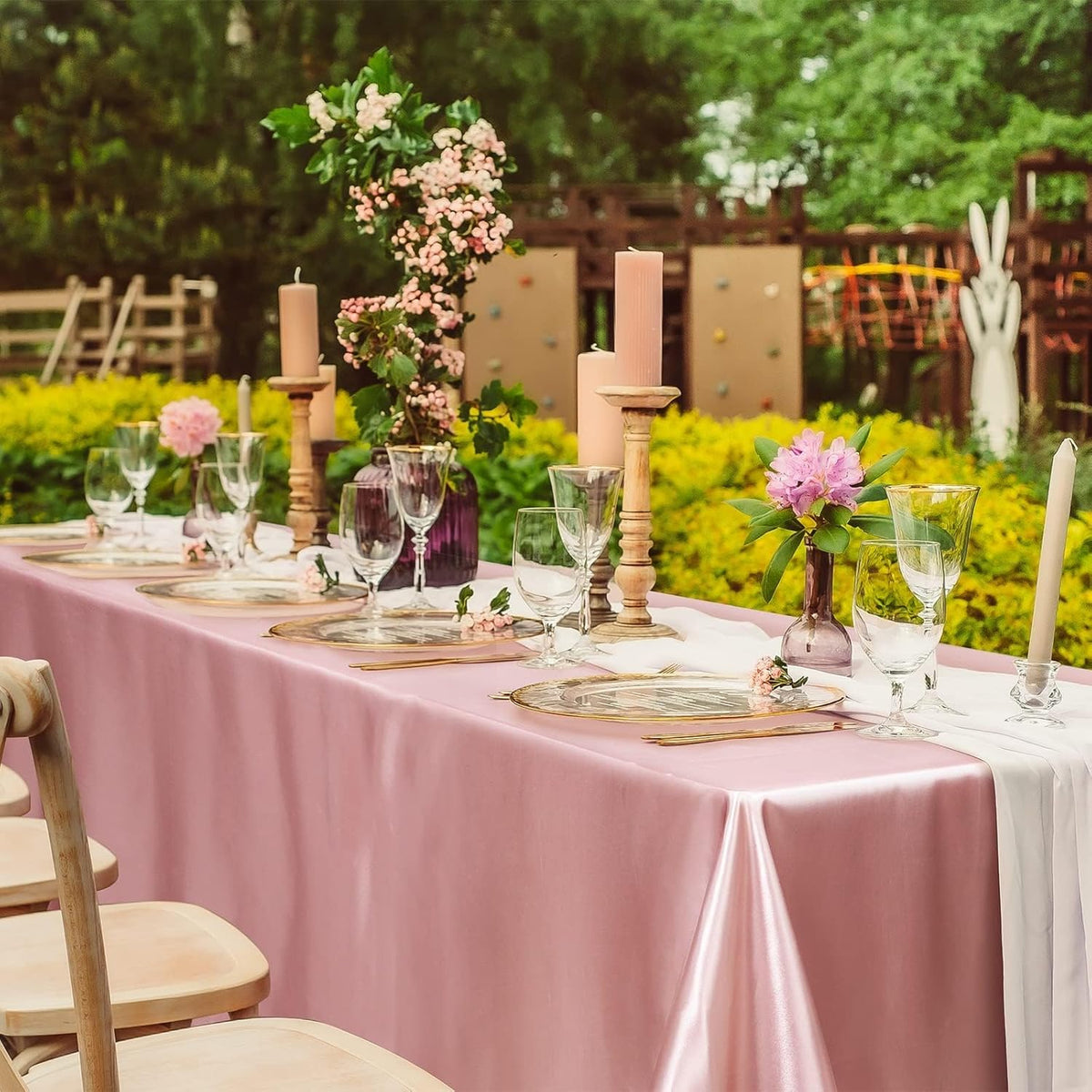 TURSTIN 4 Packs Rose Gold Satin Tablecloth 102 x 58 Inch Overlay Satin Table Cover Rectangle Bright