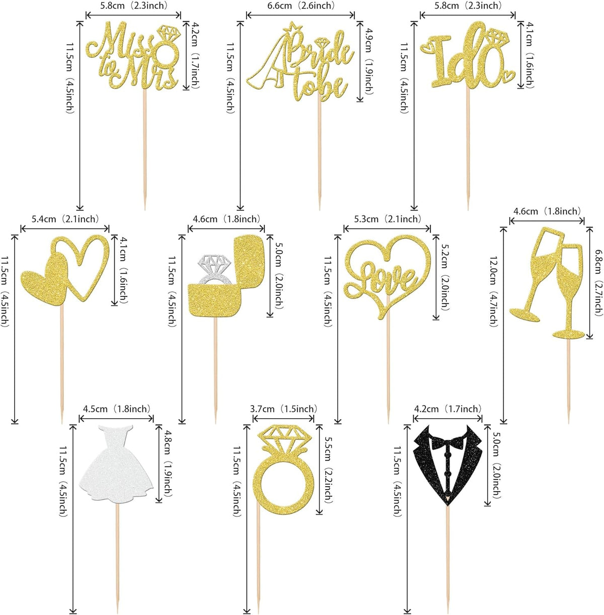 30 PCS Bride to Be Cupcake Toppers Glitter Wedding Cupcake Toppers I Do Love Heart Ring Miss to Mrs