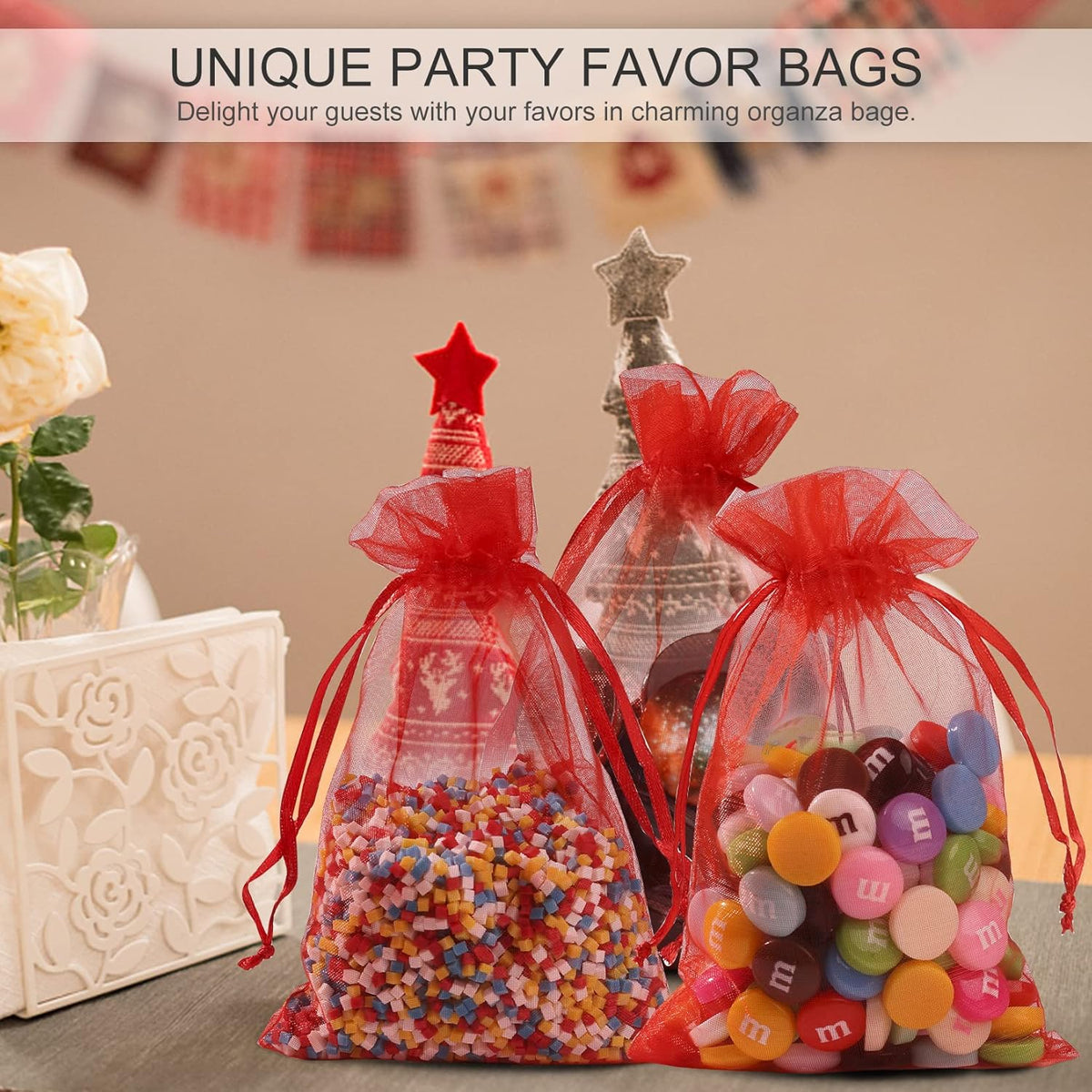 ANZNKU 100 Pack Organza Bags, 4 x 6 inch Small Bags, Favor Bags, Sheer Mesh Bags, Premium Red Gift