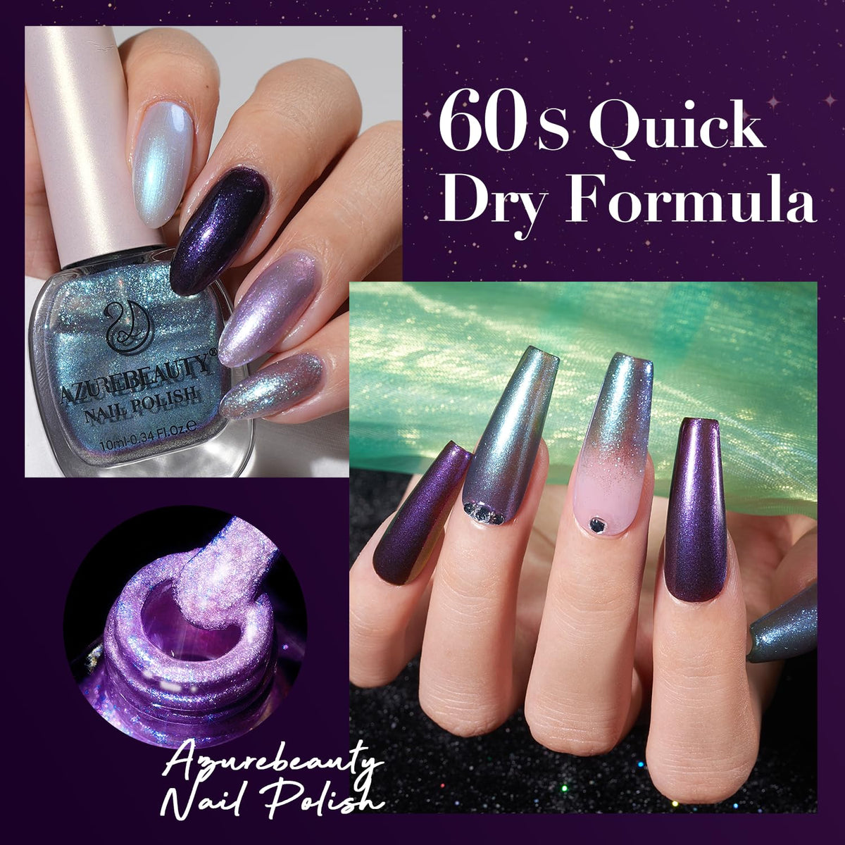 AZUREBEAUTY Holographic Nail Polish Set: 4 Colors Quick Dry Purple Pink Chameleon Fall Winter