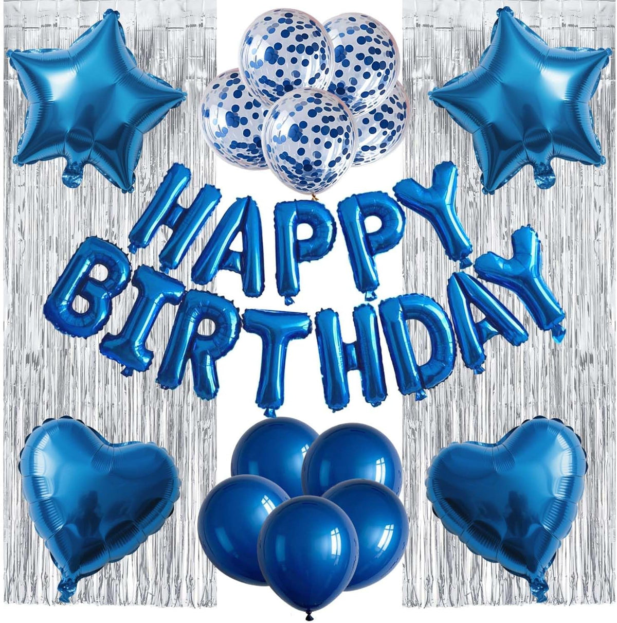 29 Pcs Blue Birthday Party Decorations - Happy Birthday Balloons Banner Blue, Heart & Star Foil