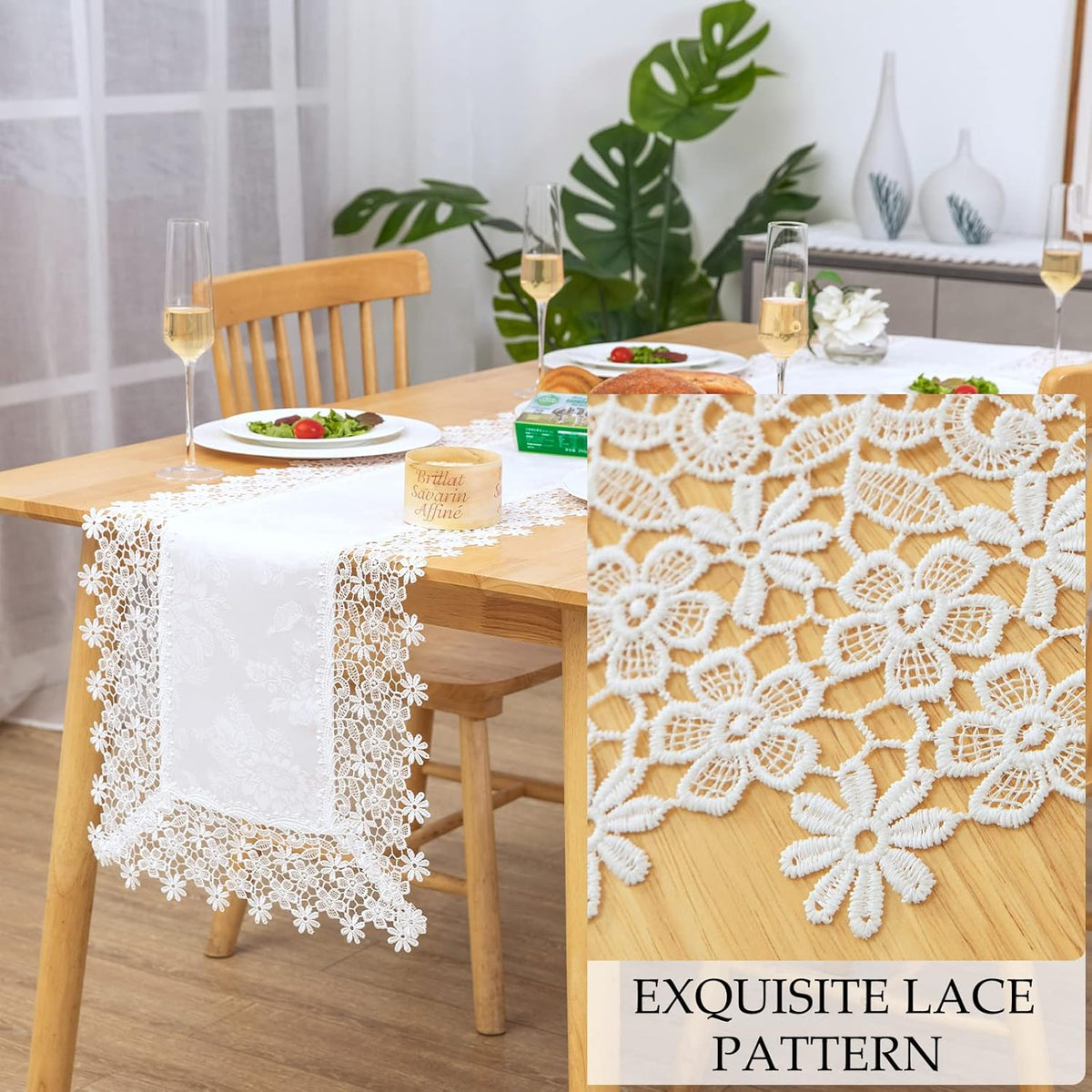 White lace Premium Rectangle Farmhouse Table Runner Waterproof OilProof SpillProof AntiShrink Soft