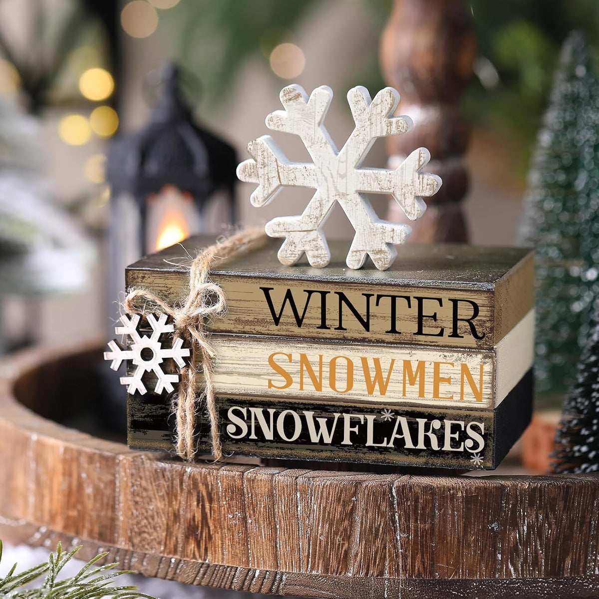 4 Pcs Winter Table Decorations Snowmmen Tiered Tray Decorations Christmas Mini Snowflake Wooden