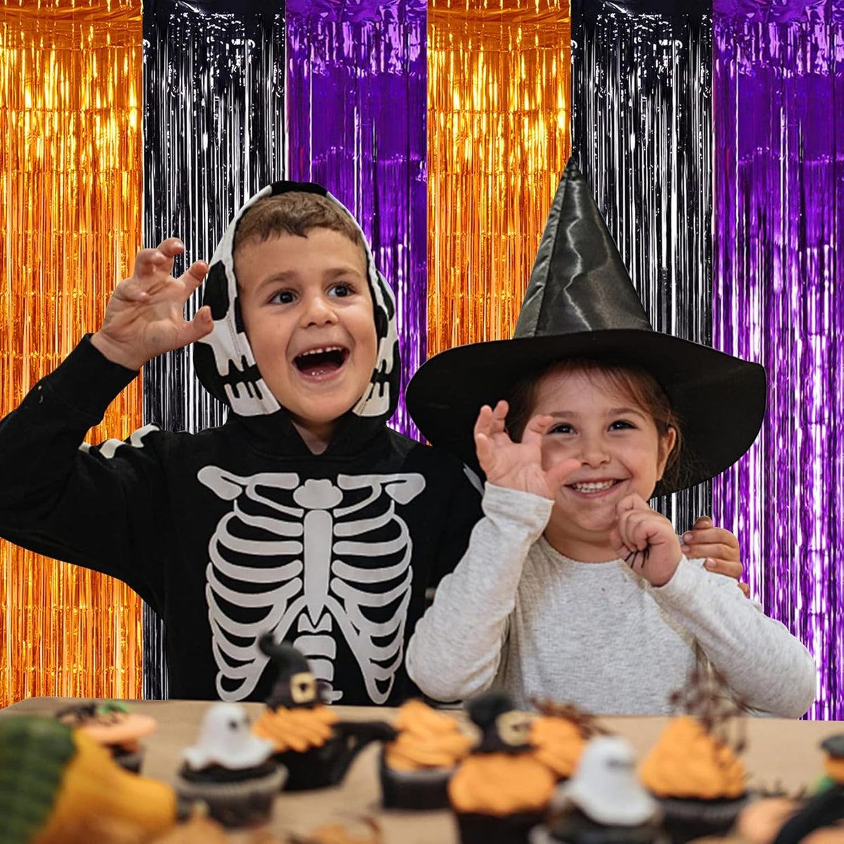 TONIFUL 2Pcs Orange Purple Black Metallic Tinsel Foil Fringe Curtains,3.28ft x 6.56ft Halloween