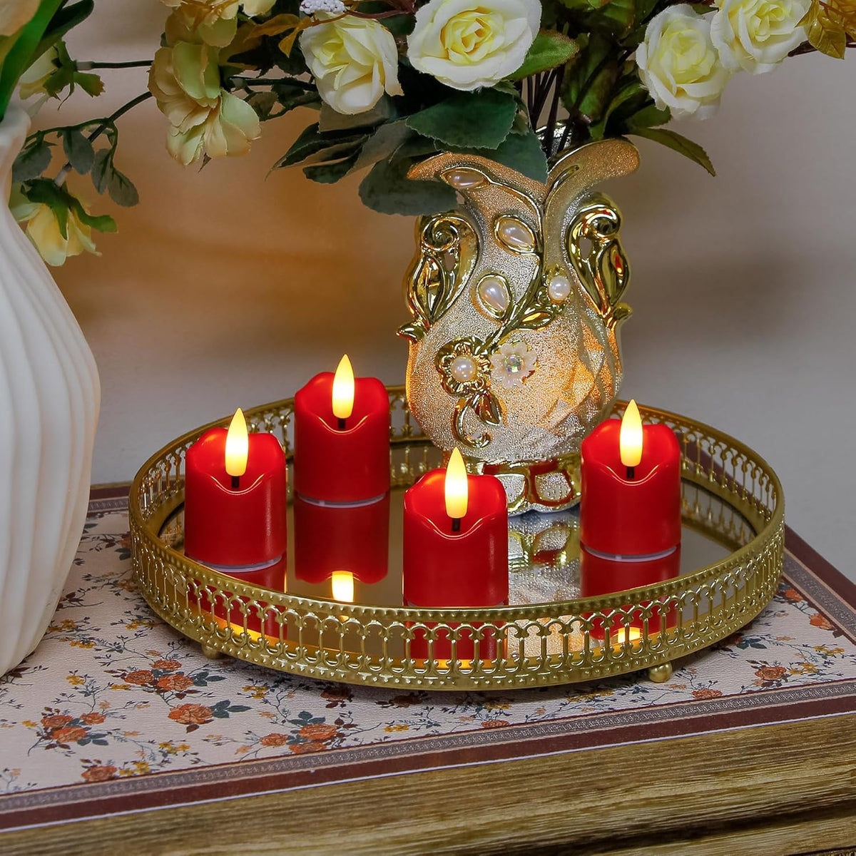 6 Pack Battery Operated Auto Daily Timer Burgundy Plastic LED Flameless Votive Candles, Long