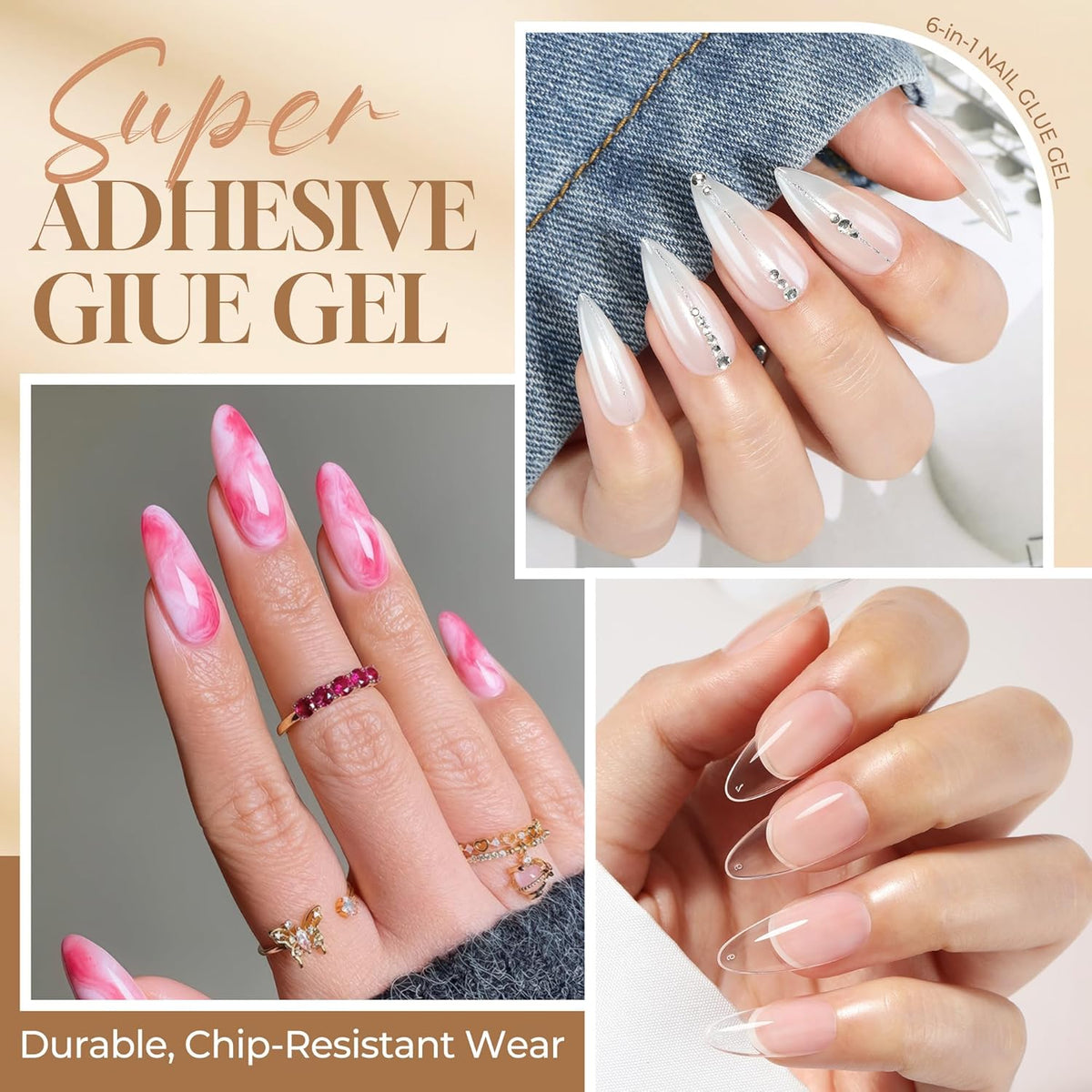 UNA GELLA 6 in 1 Gel Nail Glue for Acrylic Nails Tips 2 Pcs 10ml Super Strong Nail Glue Long