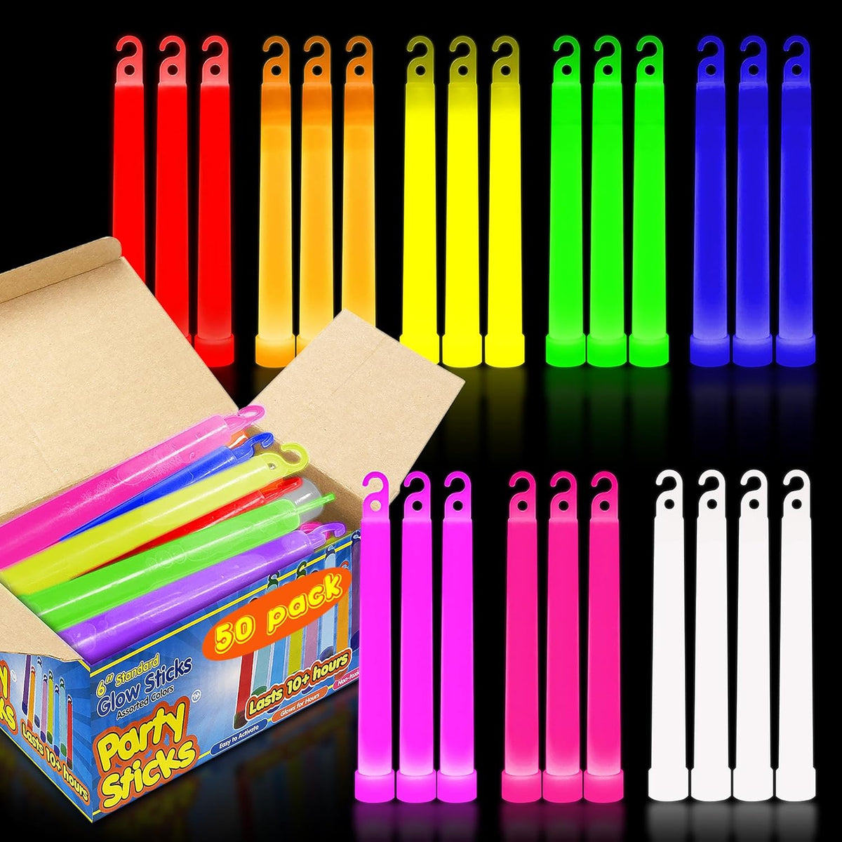 PartySticks Glow Sticks Party Supplies for Kids and Adults (50pk Assorted) - 6 Inch Bulk Glow Light