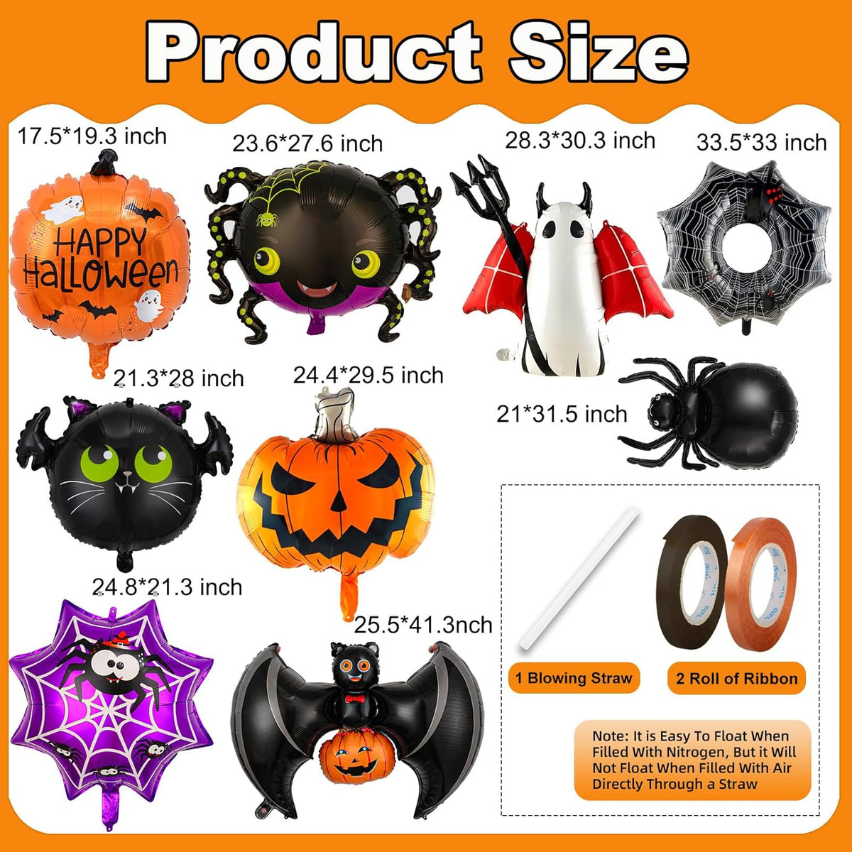Halloween Balloons Set - 9Pcs Foil Ghost, Spider, Pumpkin & Bat Balloons for Scary Party