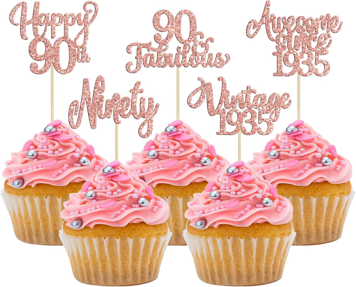 30Pcs Vintage 1935 Cupcake Toppers Glitter Ninety 90 Fabulous Happy 90th Birthday Cupcake Picks