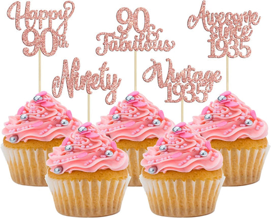 30Pcs Vintage 1935 Cupcake Toppers Glitter Ninety 90 Fabulous Happy 90th Birthday Cupcake Picks