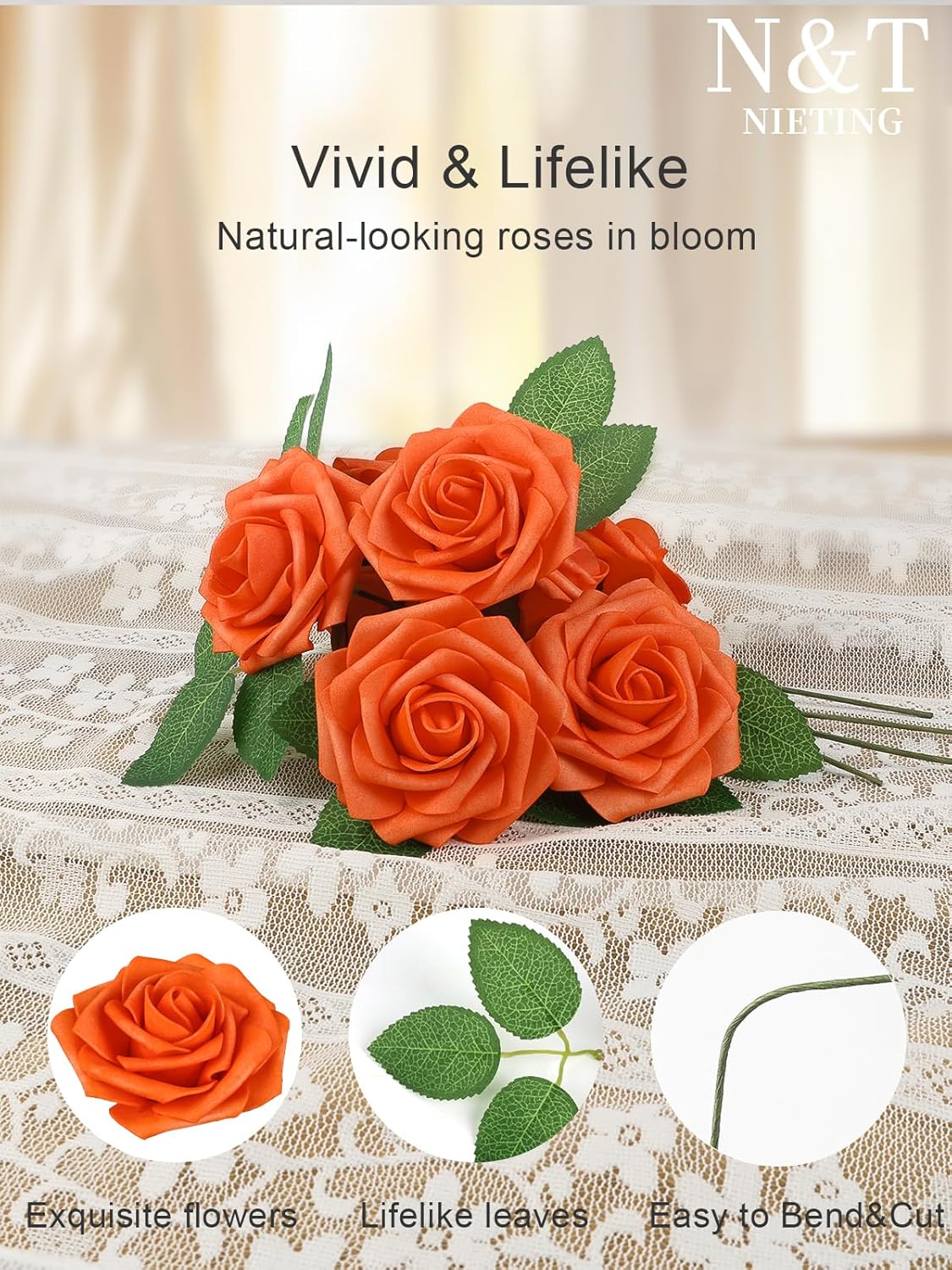 N&T NIETING Artificial Fall Flowers Fake Flowers Orange Roses Perfect for DIY Wedding Bridal