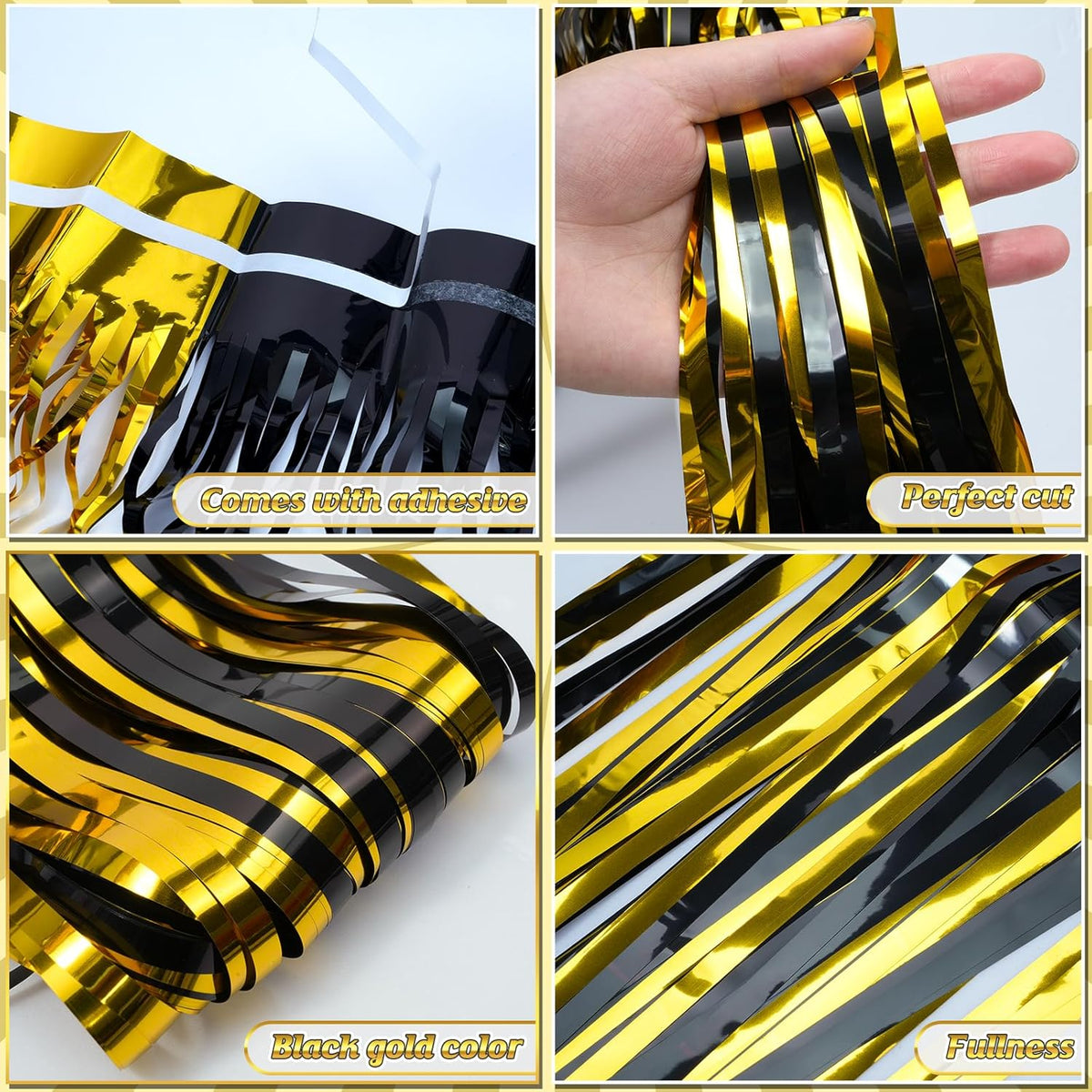 3Pack 3.3Ft x 6.6Ft Graduation Foil Fringe Curtain Backdrop Decorations, Black Gold Metallic Tinsel