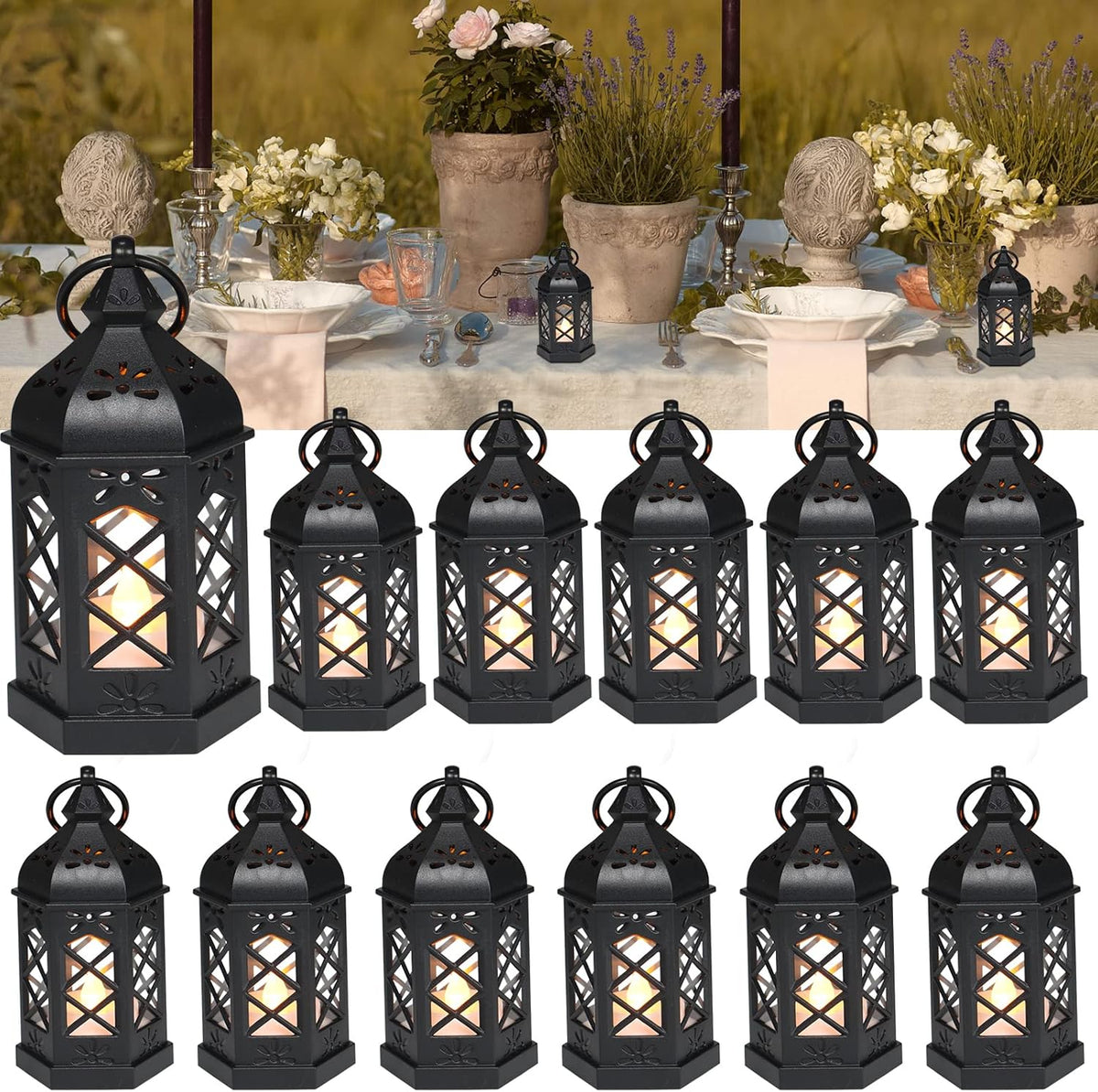 LLQ 12Pcs Mini Lantern with LED Candle, Small Black Lanterns Decorative for Halloween Decorations