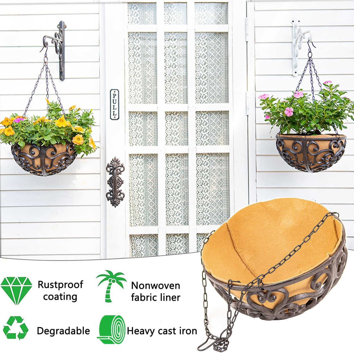Sungmor 2PC 11" Dia. Large Cast Iron Hanging Baskets w/Fabric Liner, Rustic Brown Heavy-Duty