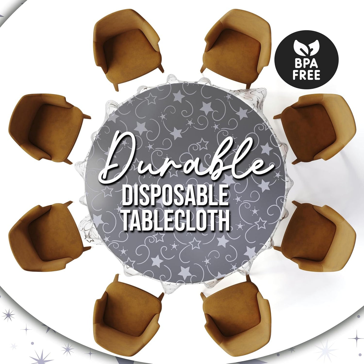 Exquisite Clear Silver Star Tablecloth Plastic 12-Pack Disposable Round Tablecloths 84" Silver Star
