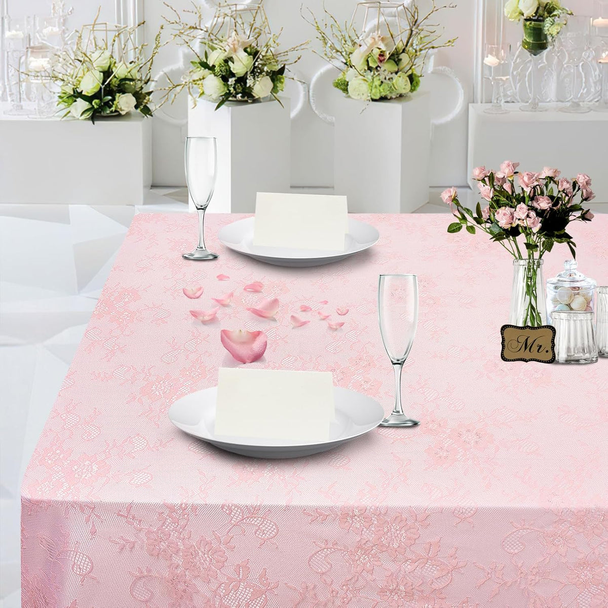 LuoluoHouse Pink Lace Tablecloth Table Fabric 6pcs 60x120 Inch for Vintage Boho Wedding Baby Shower