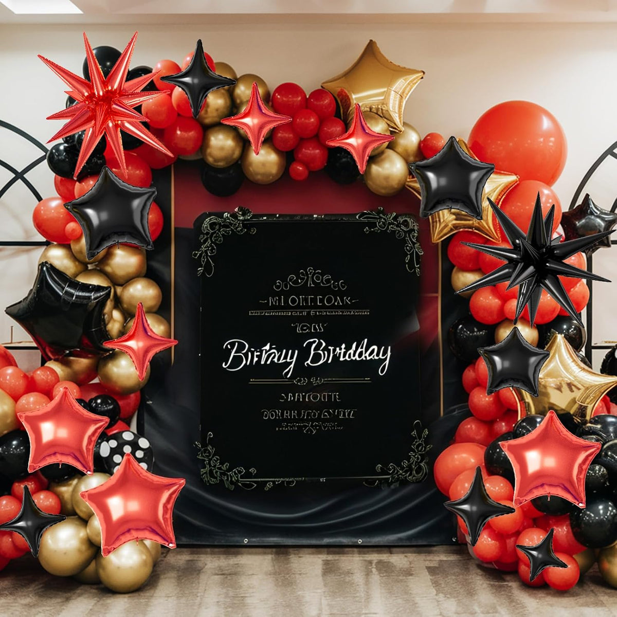 16 Pcs Red Black Star Balloons, 22/18/10 Inch Foil Balloons, Explosion Conee Four-Pointed Balloon