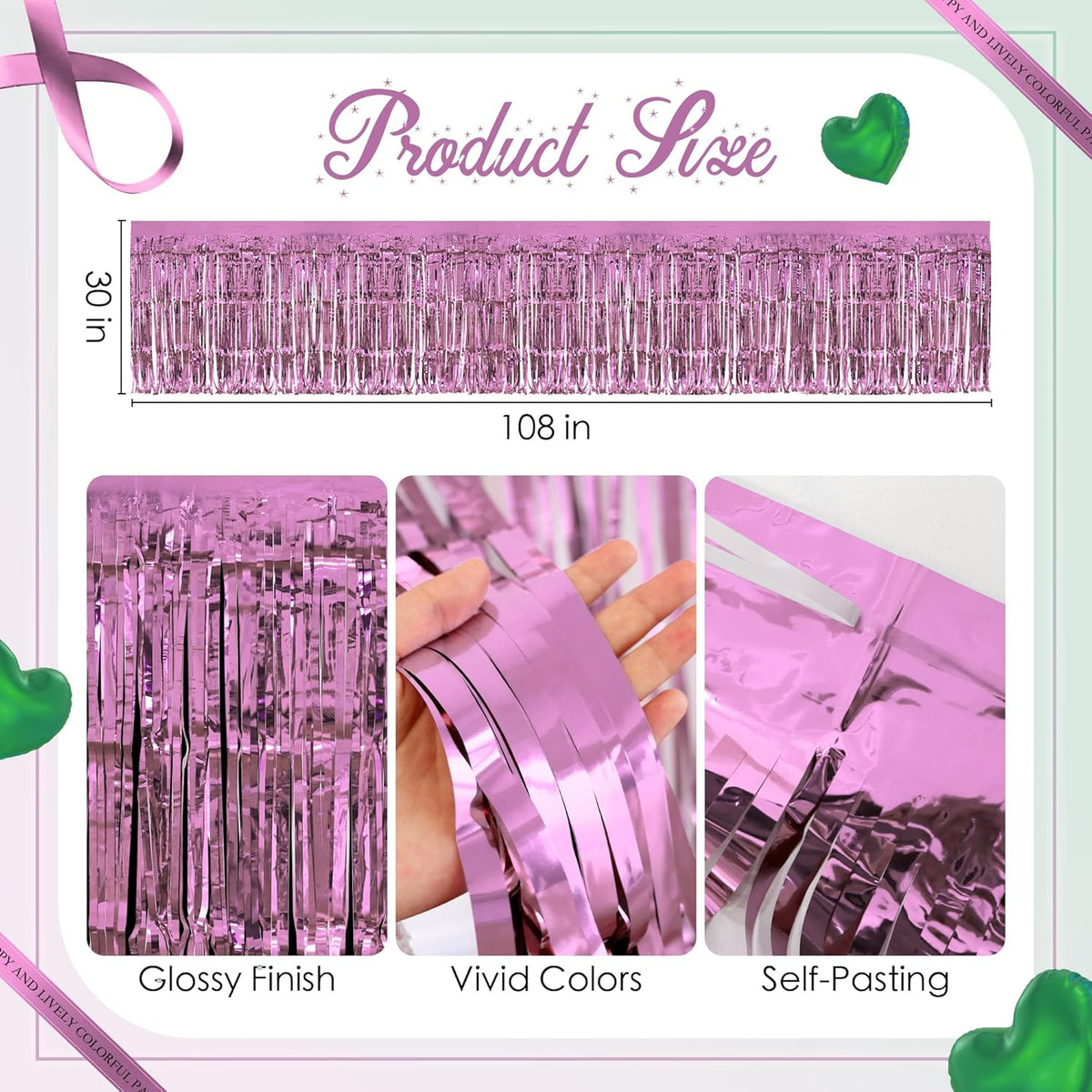 2 Pack Light Pink Green Table Skirts, 29x108" Metallic Foil Tinsel Fringe Table Skirt for Rectangle