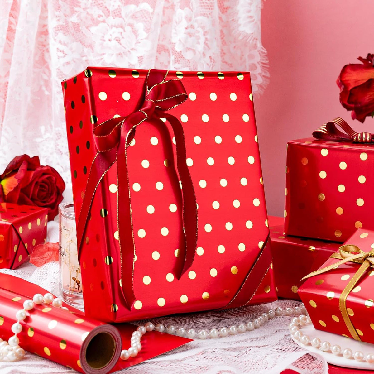 Flyhill Gold Foil Polka Dot Wrapping Paper Roll,Mini Roll Red Reversibl Gift Wrap for
