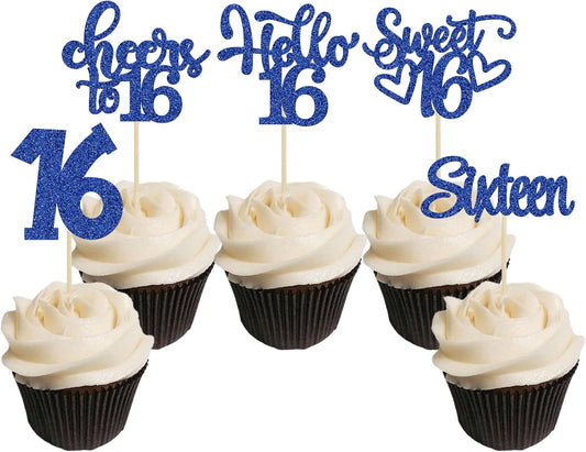 30pcs 16th Birthday Cupcake Toppers - Sixteen Happy 16th Cupcake Picks - Cheers to Sweet 16 Cake