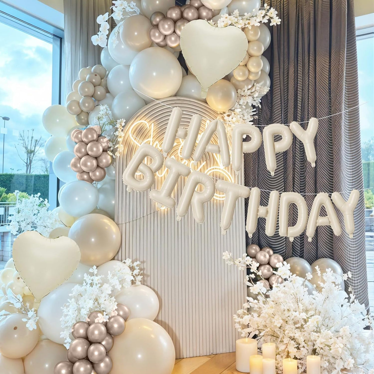 Happy Birthday Balloon Banner Cream, 16 Inch Beige Mylar Letters Heart Foil Balloons Pearl White