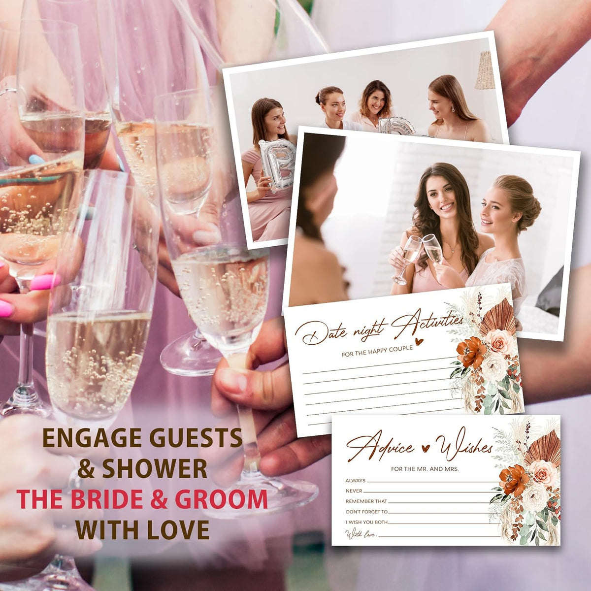 Boho Advice and Wishes for the Mr and Mrs - 50 Packs Wedding Advice Cards Bridal Shower Game Cards