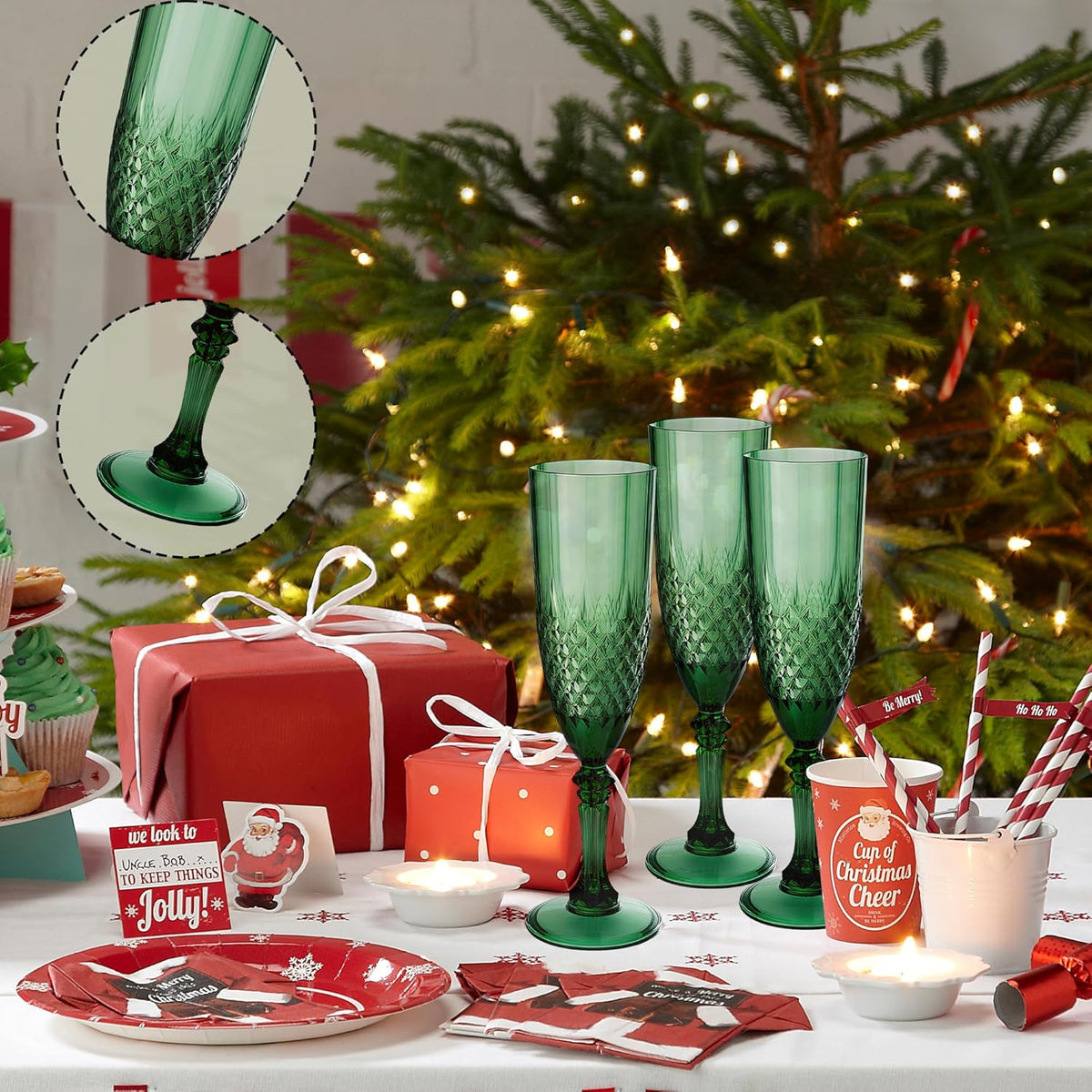 Plastic Champagne Flutes, 48PCS Dark Green Wine Glasses Goblets Cups Reusable Flute, for Christmas