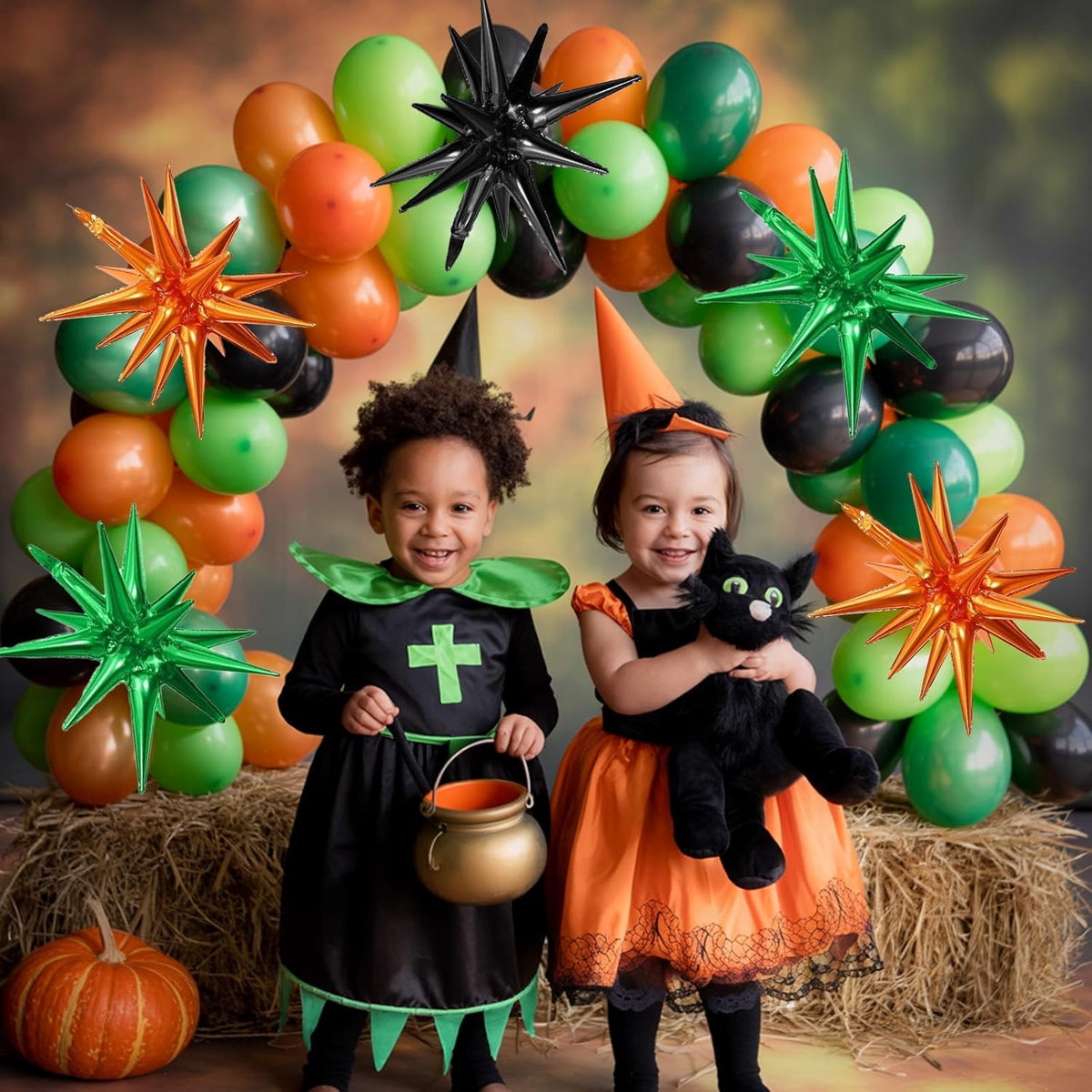 Black Green Orange Star Balloons,9Pcs 22Inch Black Orange Green Explosion Spike Cone Helium