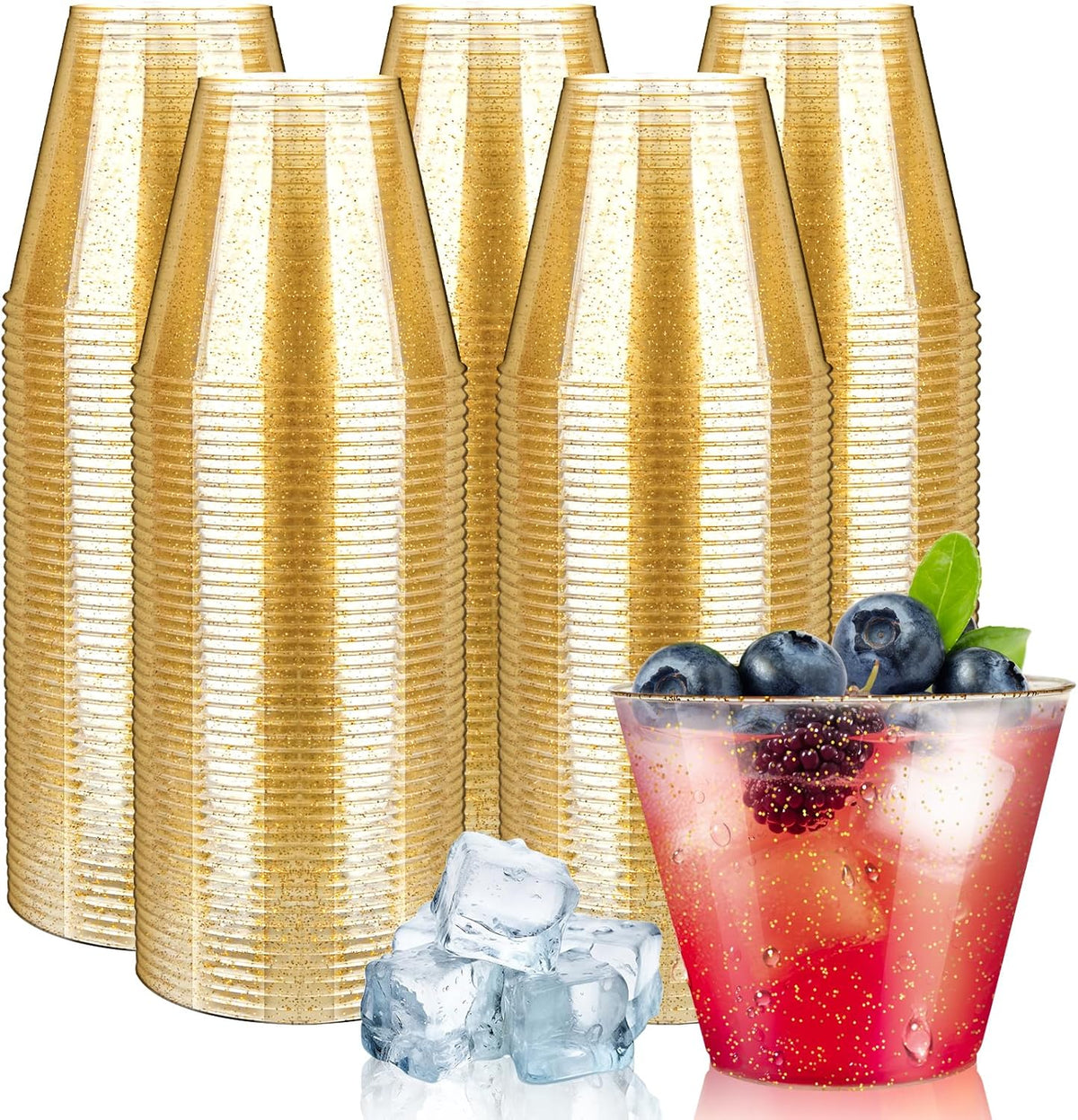 [200 Pack] 9oz Plastic Cups with Gold Glitter Sturdy & Food Safe Plastic Wine Glasses Disposable