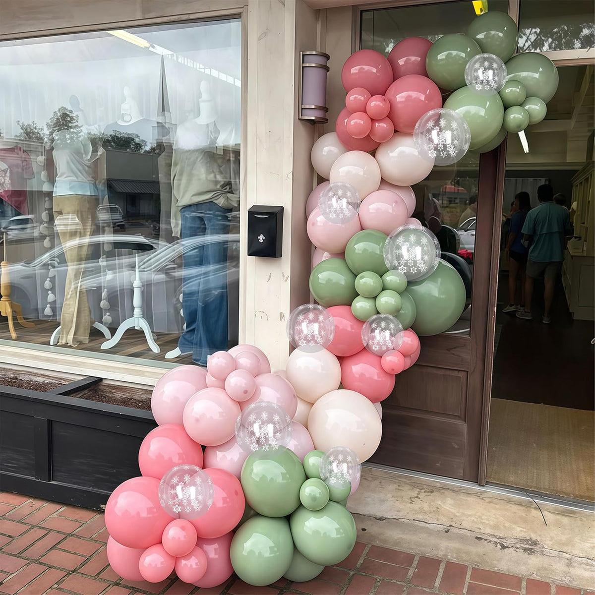 Pink and Green Balloons 60pcs, 12 Inch Sage Olive Green Dusty Light Pink Sand White Snowflake