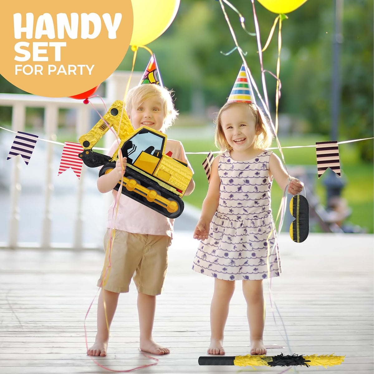 Excavator Pinatas Bundle with a Blindfold and Bat (16.5x11x4.7 inch), Pinata for Construction Theme