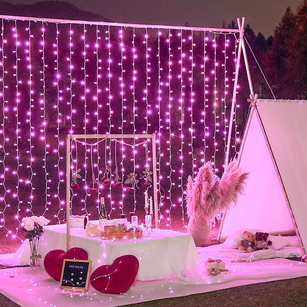JMEXSUSS 300 LED Curtain Lights Plug in with Remote, 9.8X9.8FT Pink Christmas Lights Indoor, 8
