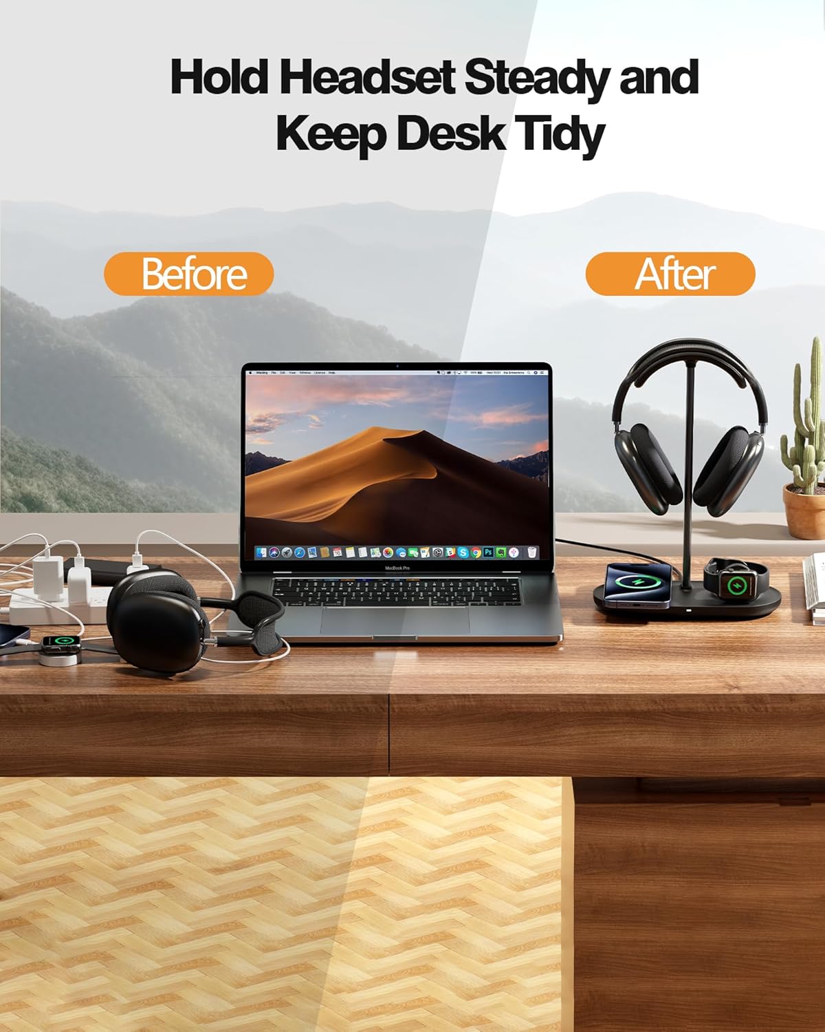 HiWe Universal Headphone Stand, Magnetic Wireless Charger for iPhones/AirPods/iWatch, Aluminum