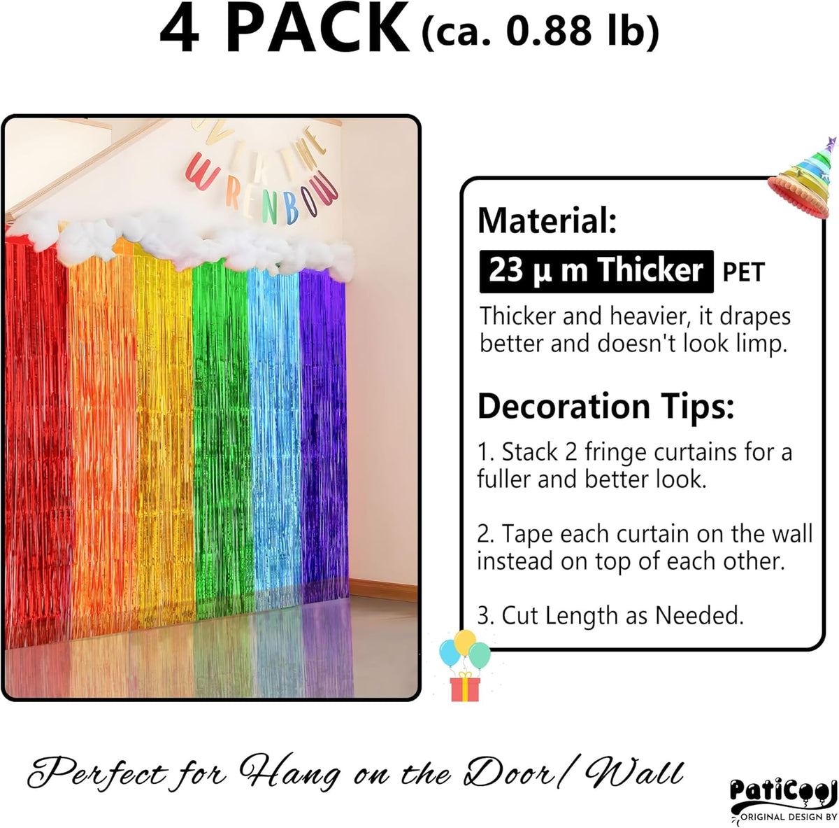 Rainbow Streamers Party Decorations - Thicken 4 Pack 3.2 x 8.2 FT - Rainbow Tinsel Foil Fringe
