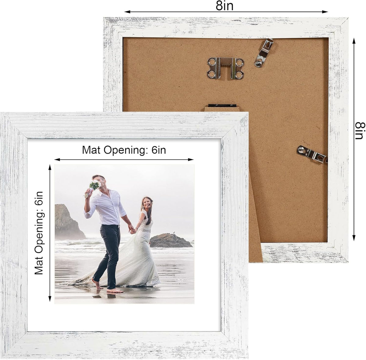 8x8 Picture Frames Set of 4 with Real Glass, Distressed White Frame Display 6x6 Pictures with Mat