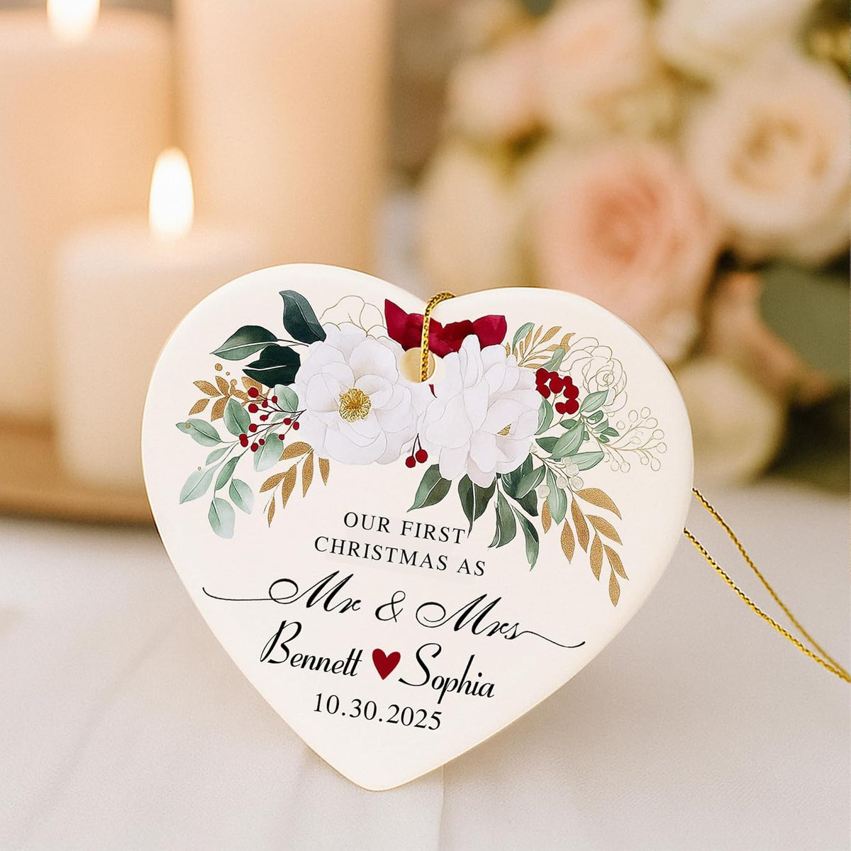 Love Signal Personalized Married Ceramic Ornament, Our First Christmas As Mr Mrs 2025 Ornaments