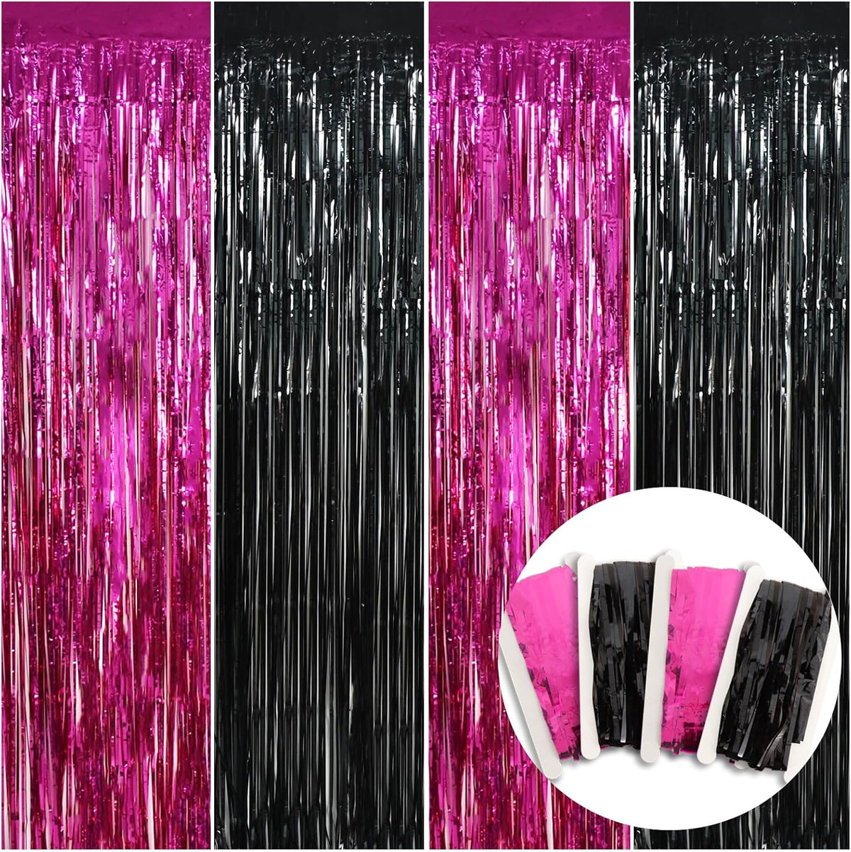 BEISHIDA 4 Pcs Hot Pink Black Door Streamers Curtain Party Streamers Backdrop Pink Party Hot Pink