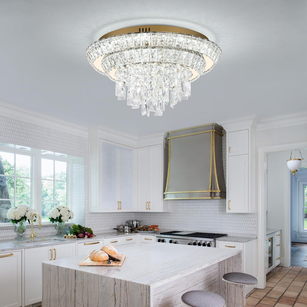 18 inch Crystal Gold Ceiling-Light Flush Mount with Remote Control and APP, 3CCT Dimmable &