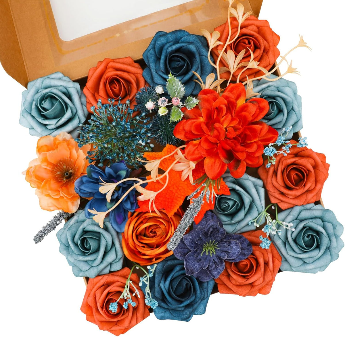 Floweroyal Artificial Flowers Combo Orange Flowers Mix Silk Flowers Dahlia Roses with Stems for DIY