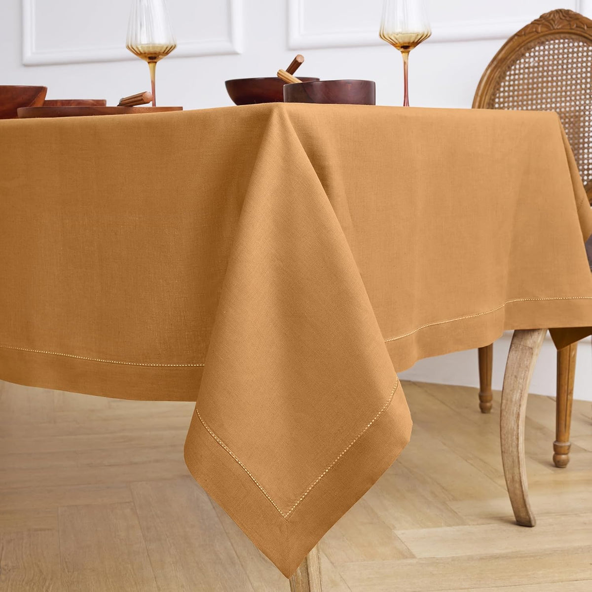 Solino Home Brown Sugar Linen Tablecloth 60 x 90 Inch - Classic Hemstitch, 100% Pure Linen