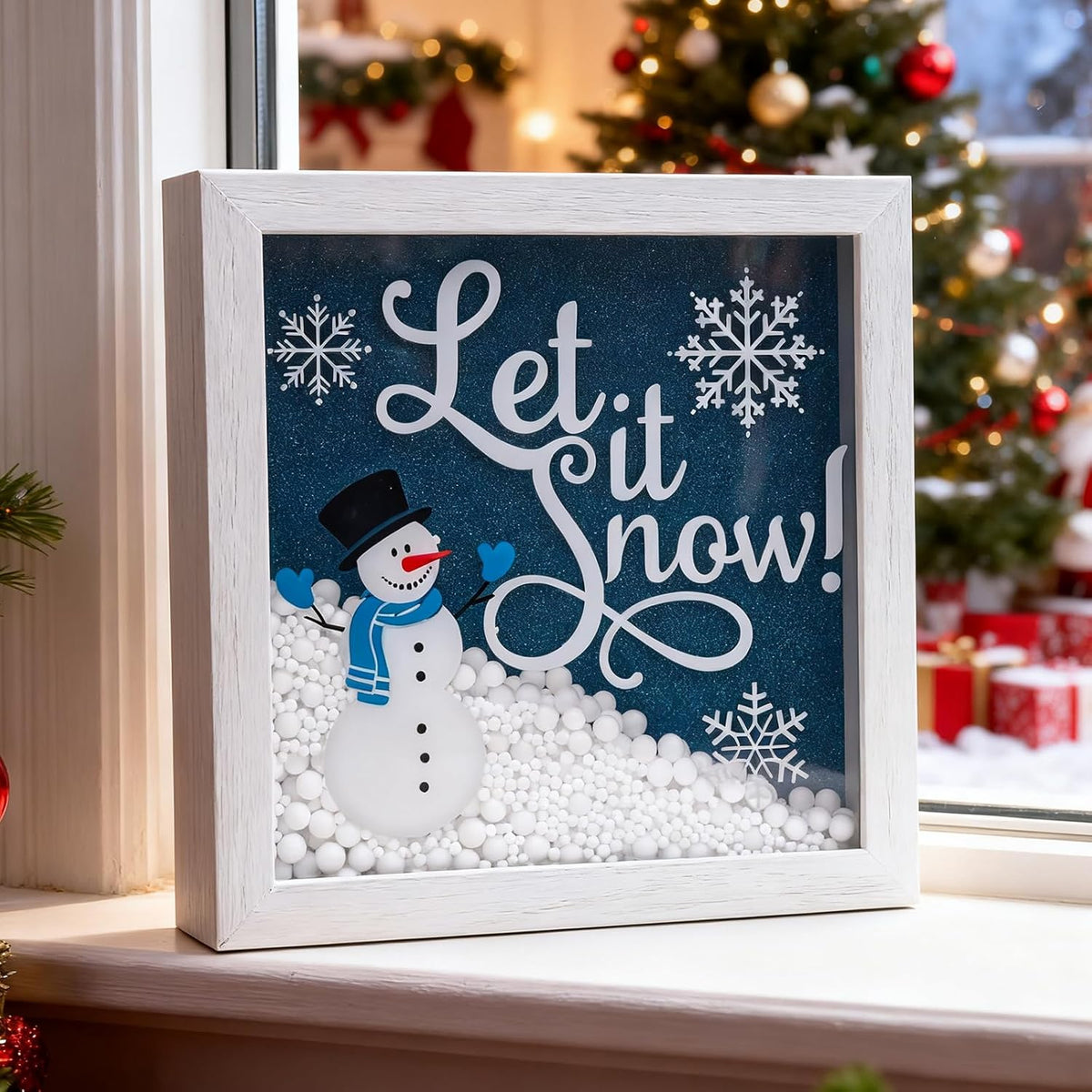Christmas Wooden Tabletop Sign Blue Snowman with Snowflake Block Sign Xmas Table Centerpiece for
